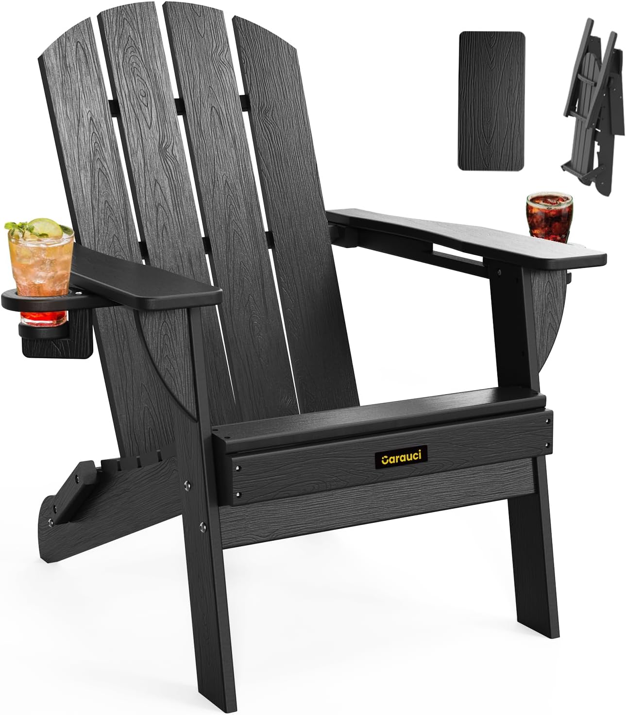Plastic HDPE Adirondack Chair, Folding Adirondack Chair Weather Resistant with Cup Holder, Wooden Textured Fire Pit Outdoor Chair for Garden, Porch, Lawn, Backyard, Supports 380LBS, Black