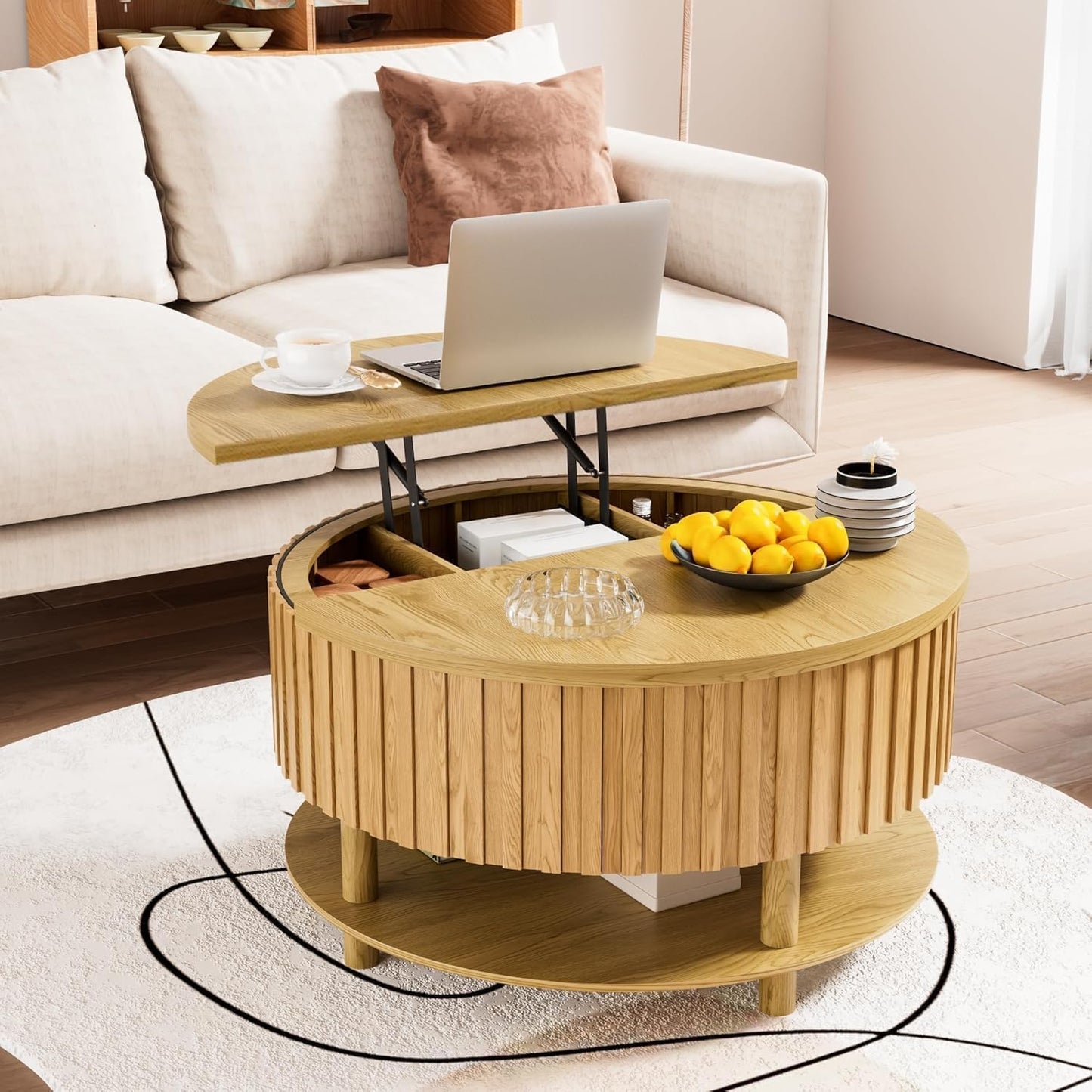 Round Lift Top Coffee Table with Storage, 31.5'' Modern 2-Tier Coffee Table with Hidden Storage and Open Shelf, Fluted Center Table for Living Room (Wood Color)