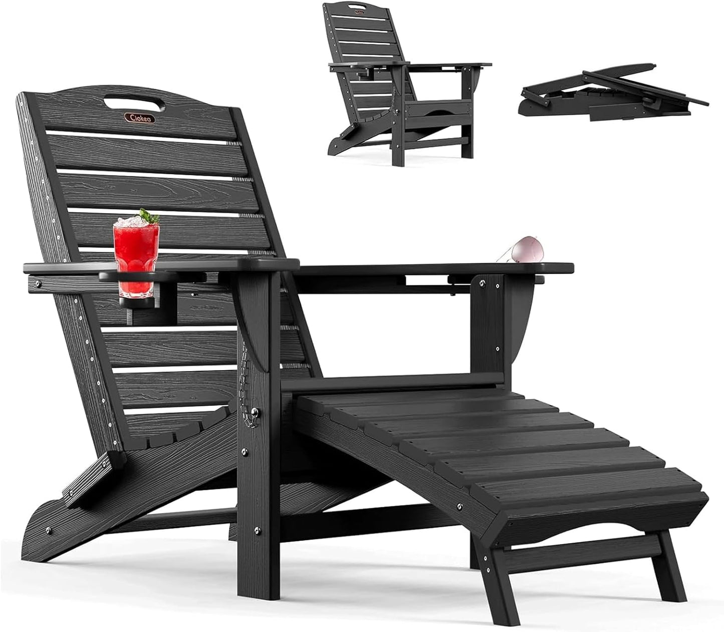 Ciokea Folding Adirondack Chair with Retractable Ottoman, Outdoor Fire Pit Chairs with Pull Out Foot Rest Weather Resistant Lawn Patio Chair with 2 Cup Holder (Gray)