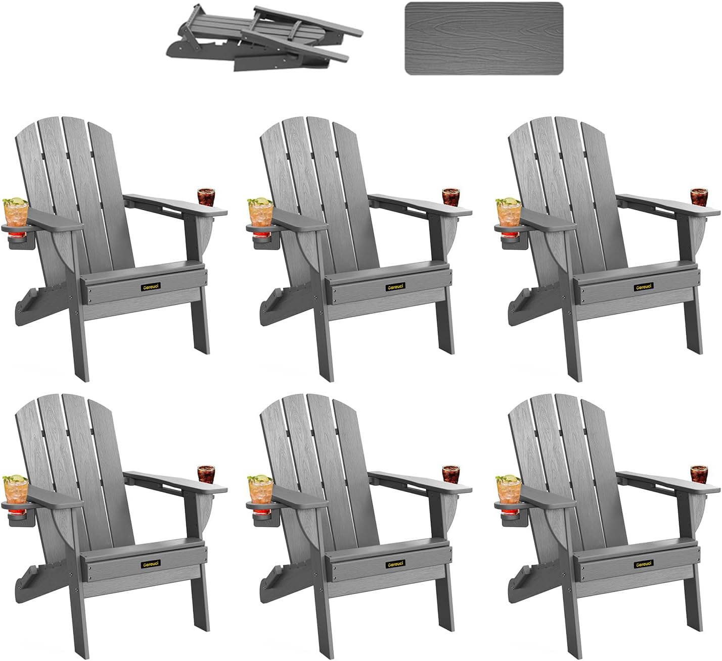 Plastic HDPE Adirondack Chair, Folding Adirondack Chair Weather Resistant with Cup Holder, Wooden Textured Fire Pit Outdoor Chair for Garden, Porch, Lawn, Backyard, Supports 380LBS, Black