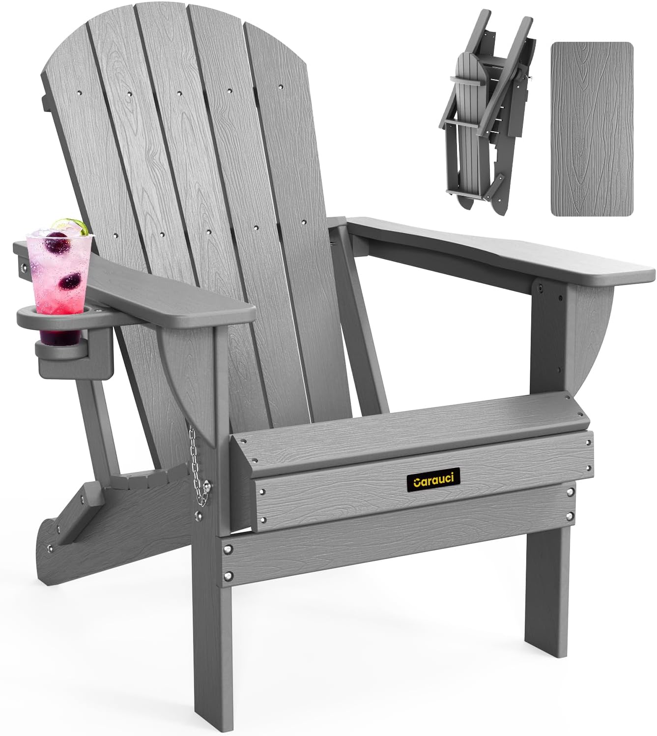Plastic HDPE Adirondack Chair, Folding Adirondack Chair Weather Resistant with Cup Holder, Wooden Textured Fire Pit Outdoor Chair for Garden, Porch, Lawn, Backyard, Supports 380LBS, Black