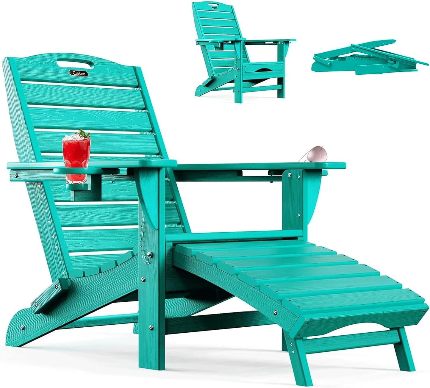 Ciokea Folding Adirondack Chair with Retractable Ottoman, Outdoor Fire Pit Chairs with Pull Out Foot Rest Weather Resistant Lawn Patio Chair with 2 Cup Holder (Gray)