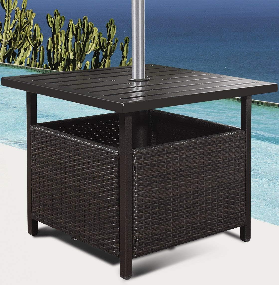 SPSUPE Brown Patio Rattan Umbrella Side Table, Steel Outdoor Furniture with Umbrella Hole, Deck Garden Pool Umbrella Side Table