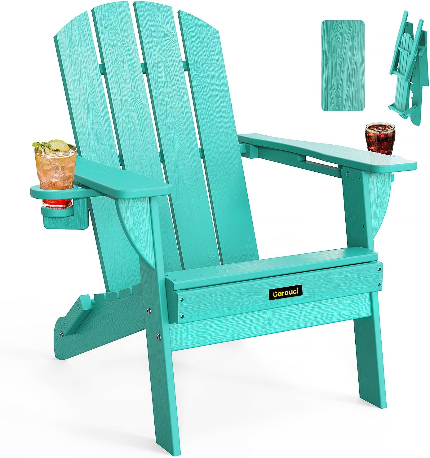 Plastic HDPE Adirondack Chair, Folding Adirondack Chair Weather Resistant with Cup Holder, Wooden Textured Fire Pit Outdoor Chair for Garden, Porch, Lawn, Backyard, Supports 380LBS, Black
