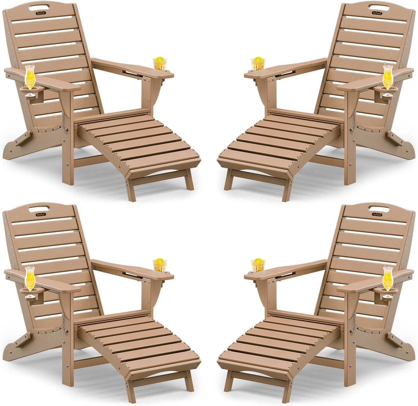 Folding Adirondack Chair with Retractable Ottoman Weather Resistant Fire Pit Chair Patio Chair with 2 Cup Holder Lawn Outdoor Lounge Chairs (Grey)