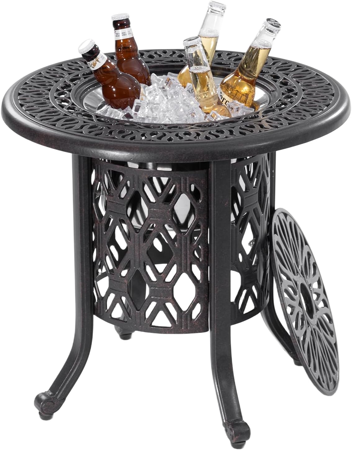 21" Outdoor Patio Round Side Table with 304 Stainless Steel Bucket, Cast Aluminum Outdoor Bistro Table with Umbrella Hole for Poolside, Deck, Backyard, Balcony