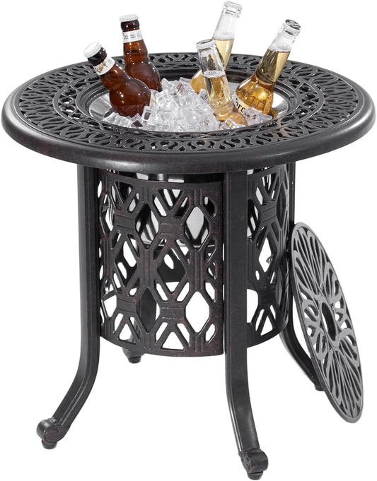 21" Outdoor Patio Round Side Table with 304 Stainless Steel Bucket, Cast Aluminum Outdoor Bistro Table with Umbrella Hole for Poolside, Deck, Backyard, Balcony