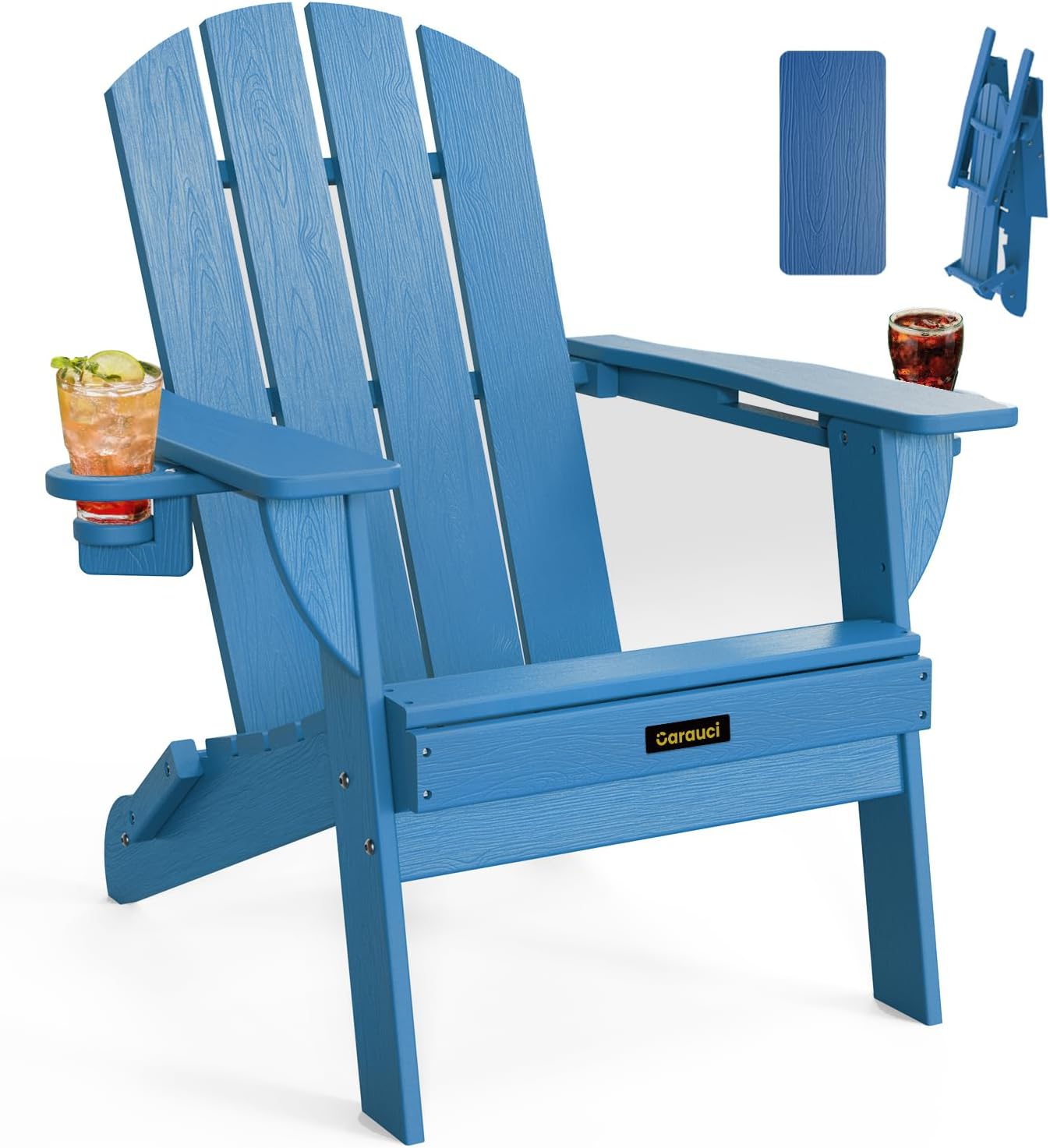 Plastic HDPE Adirondack Chair, Folding Adirondack Chair Weather Resistant with Cup Holder, Wooden Textured Fire Pit Outdoor Chair for Garden, Porch, Lawn, Backyard, Supports 380LBS, Black