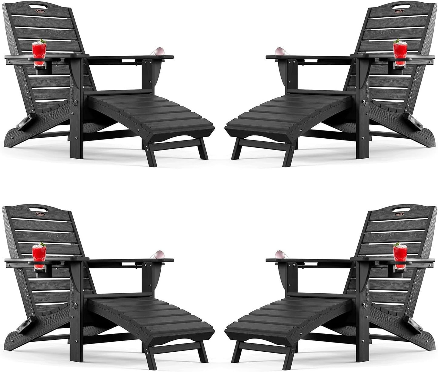 Ciokea Folding Adirondack Chair with Retractable Ottoman, Outdoor Fire Pit Chairs with Pull Out Foot Rest Weather Resistant Lawn Patio Chair with 2 Cup Holder (Gray)