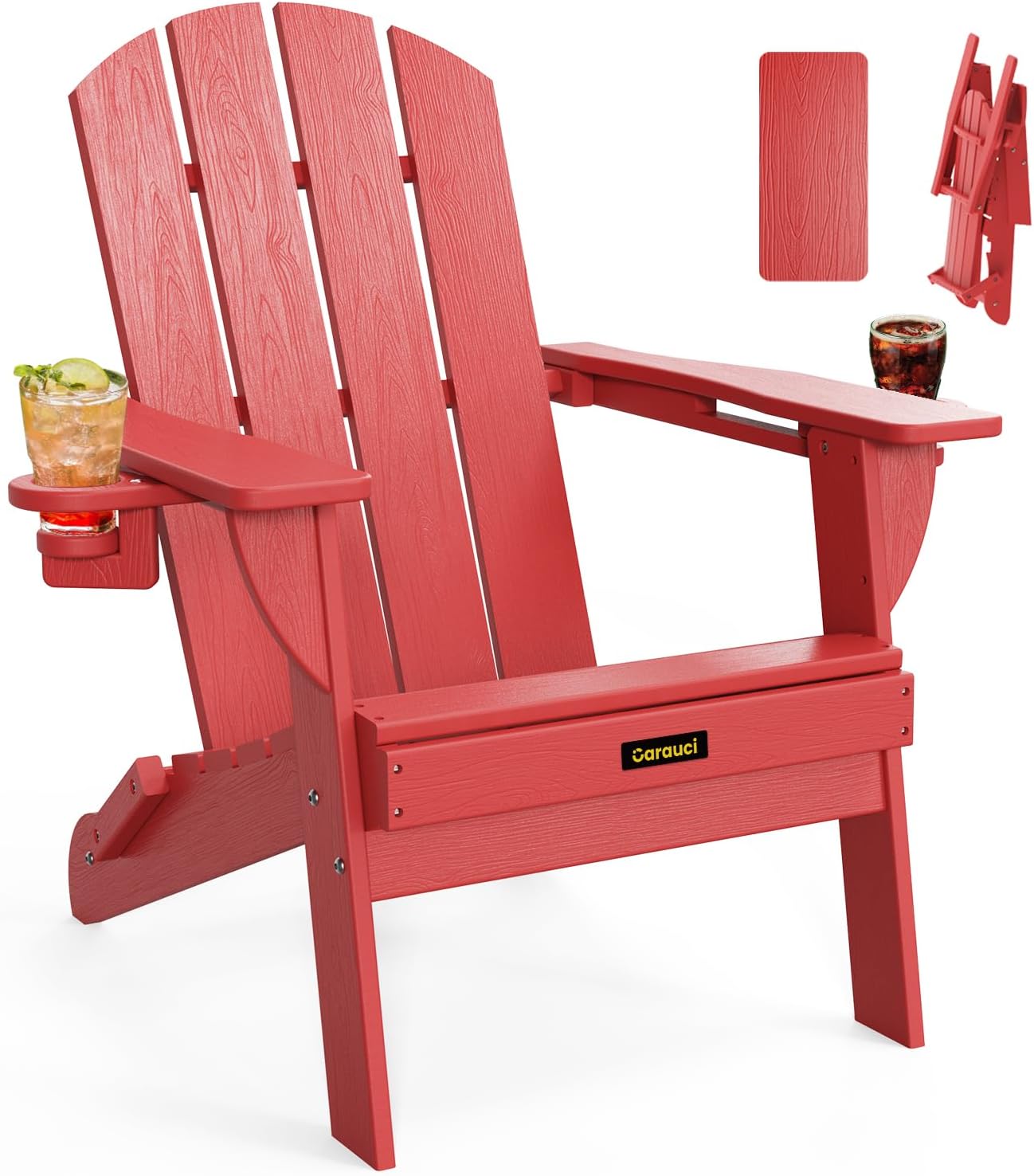 Plastic HDPE Adirondack Chair, Folding Adirondack Chair Weather Resistant with Cup Holder, Wooden Textured Fire Pit Outdoor Chair for Garden, Porch, Lawn, Backyard, Supports 380LBS, Black