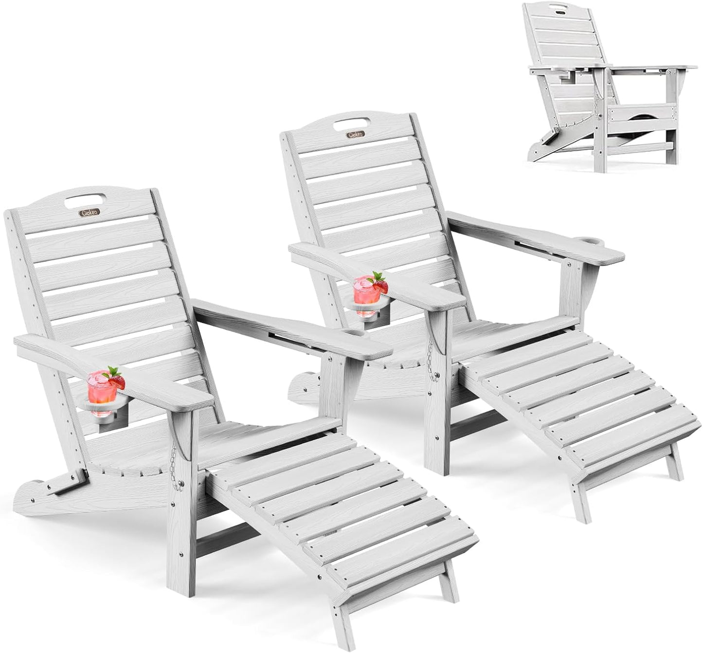 Ciokea Folding Adirondack Chair with Retractable Ottoman, Outdoor Fire Pit Chairs with Pull Out Foot Rest Weather Resistant Lawn Patio Chair with 2 Cup Holder (Gray)