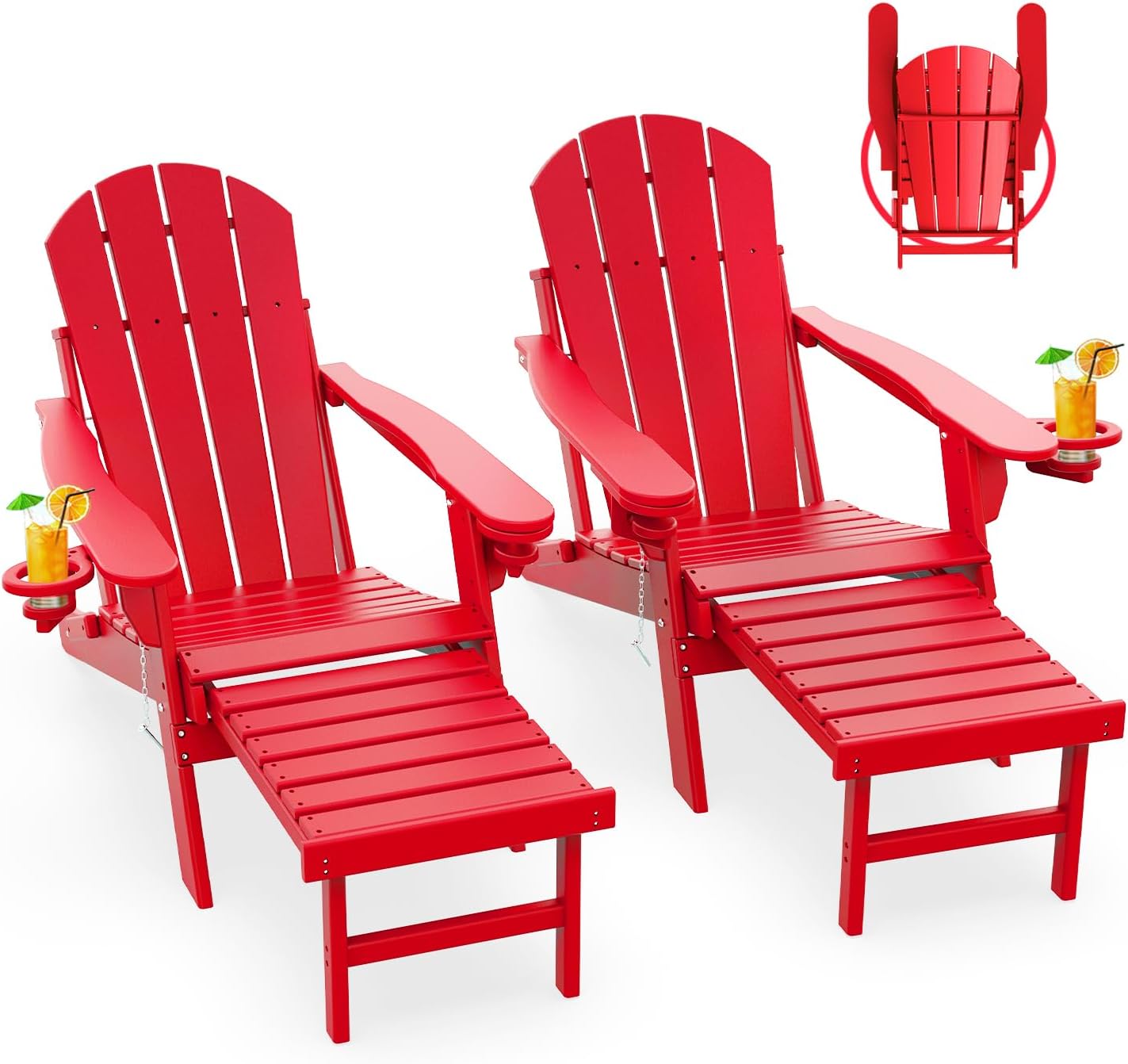 GREENVINES Adirondack-Chairs-with-Ottoman | Set of 2 | Folding | Retractable-Footrest | HDPE Plastic | All Weather Fire Pit Chair | Cup Holders | Blue | for Outdoor Poolside