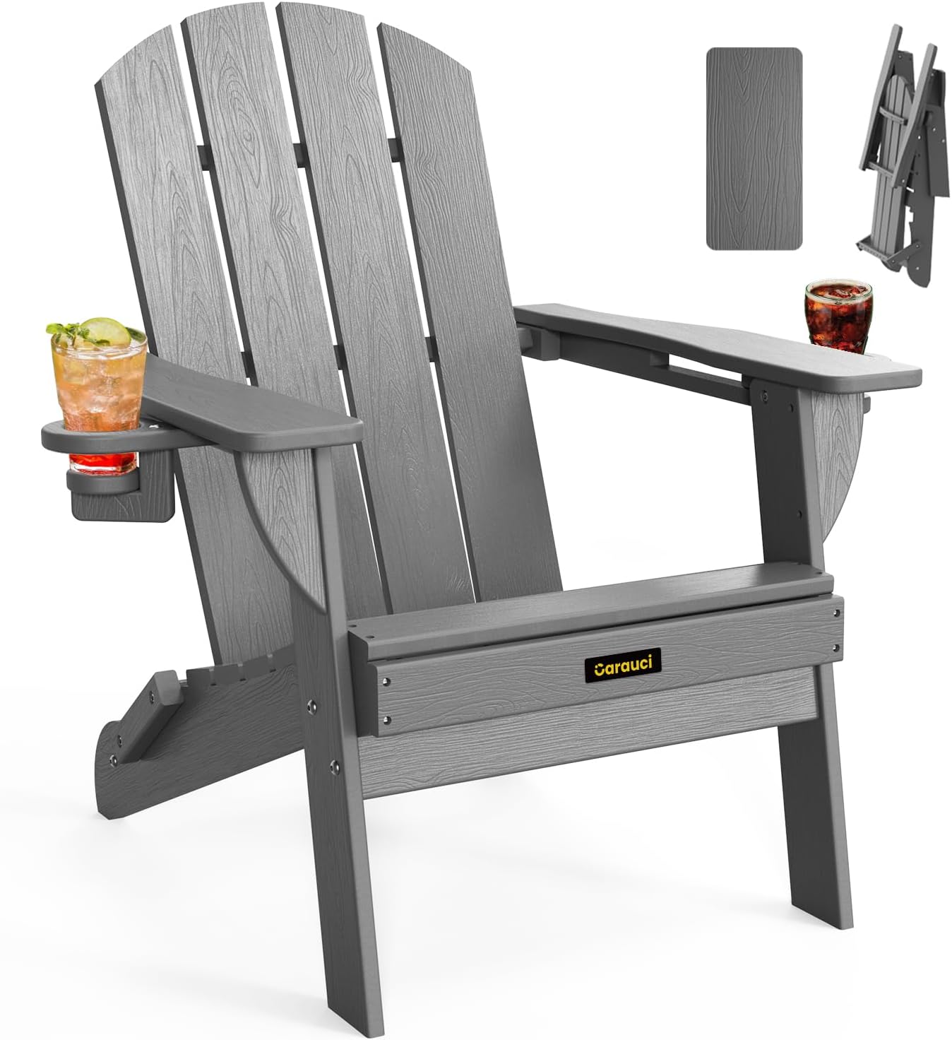 Plastic HDPE Adirondack Chair, Folding Adirondack Chair Weather Resistant with Cup Holder, Wooden Textured Fire Pit Outdoor Chair for Garden, Porch, Lawn, Backyard, Supports 380LBS, Black