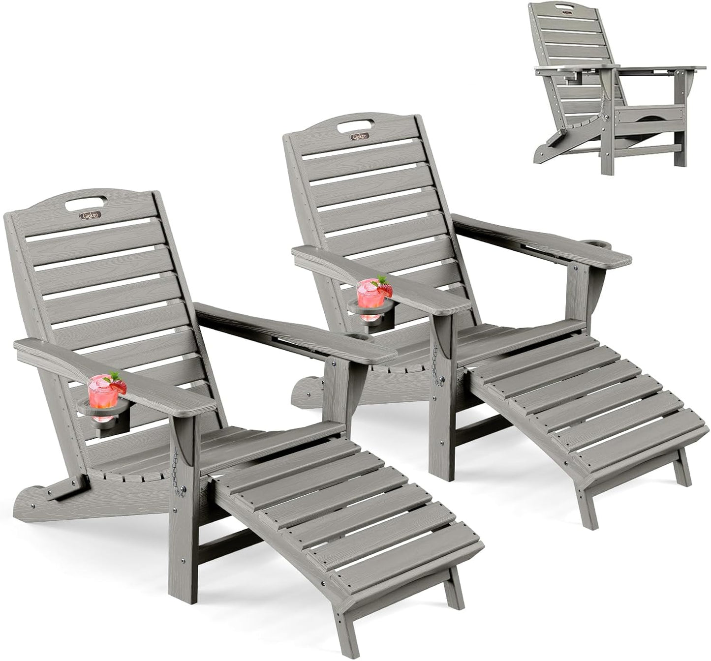 Ciokea Folding Adirondack Chair with Retractable Ottoman, Outdoor Fire Pit Chairs with Pull Out Foot Rest Weather Resistant Lawn Patio Chair with 2 Cup Holder (Gray)
