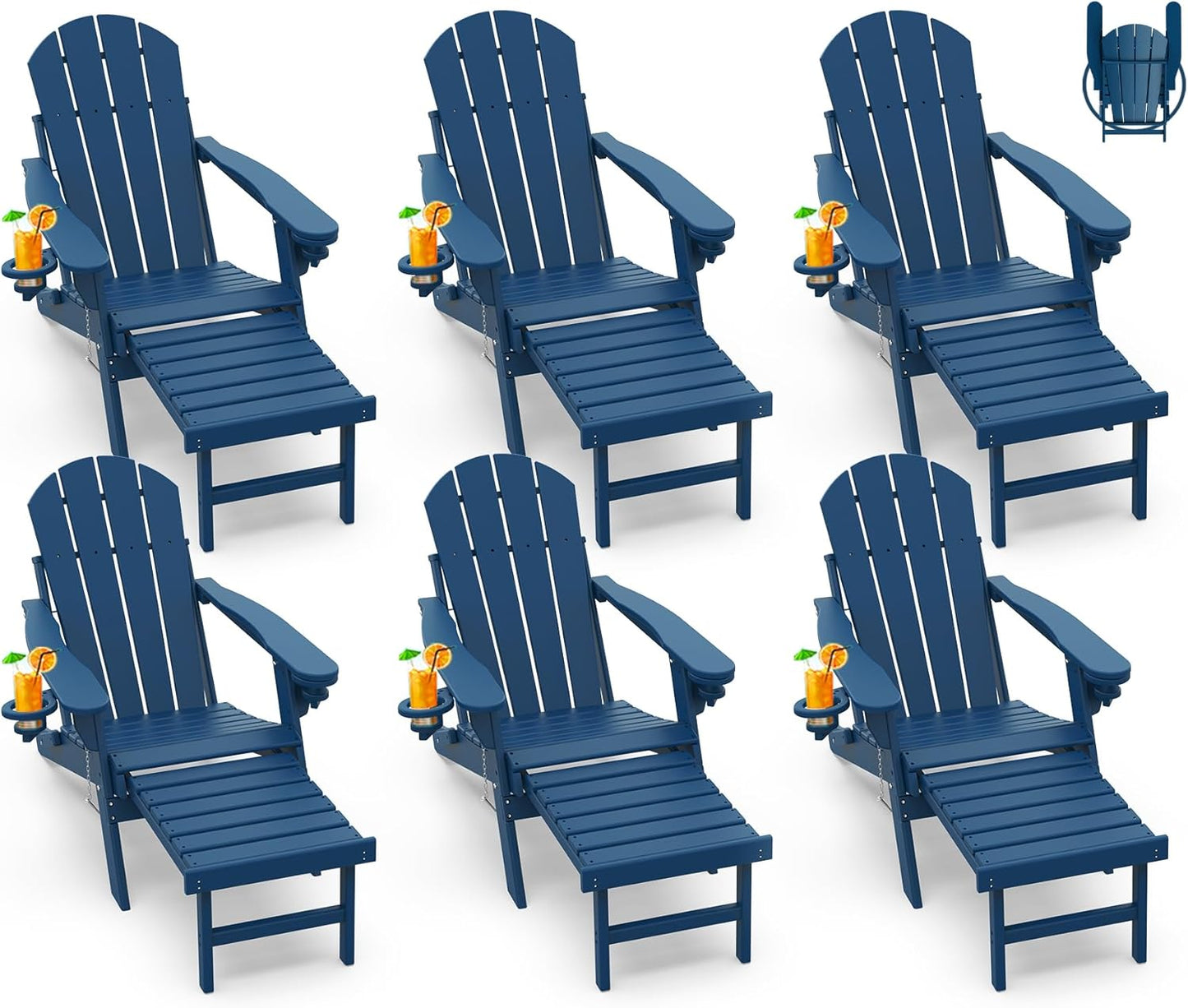 GREENVINES Adirondack-Chairs-with-Ottoman | Set of 2 | Folding | Retractable-Footrest | HDPE Plastic | All Weather Fire Pit Chair | Cup Holders | Blue | for Outdoor Poolside