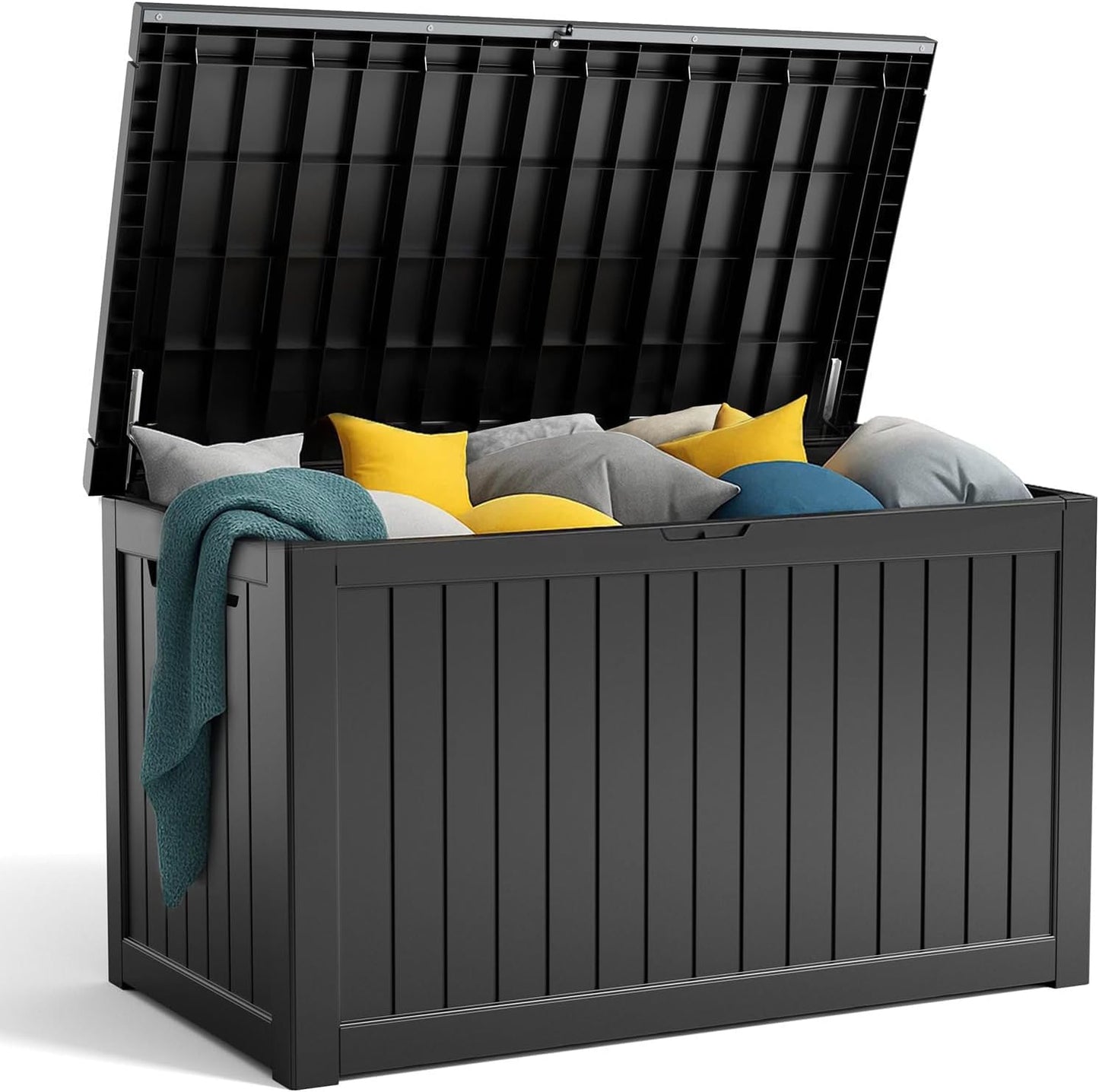 100 Gallon Resin Deck Box, Lockable Patio Outdoor Storage Box for Furniture, Garden Tools and Tools Storage, Waterproof Outside Storage Boxes - Black
