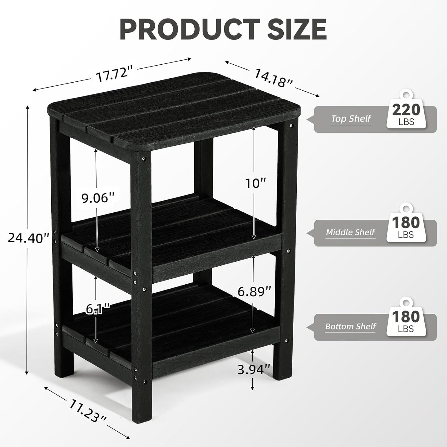 3 Tier Outdoor Side Table Adirondack Side Table HDPE End Table Patio Side Table Rectangle Tables for Outdoor Backyard Garden Balcony (Retro, Black)