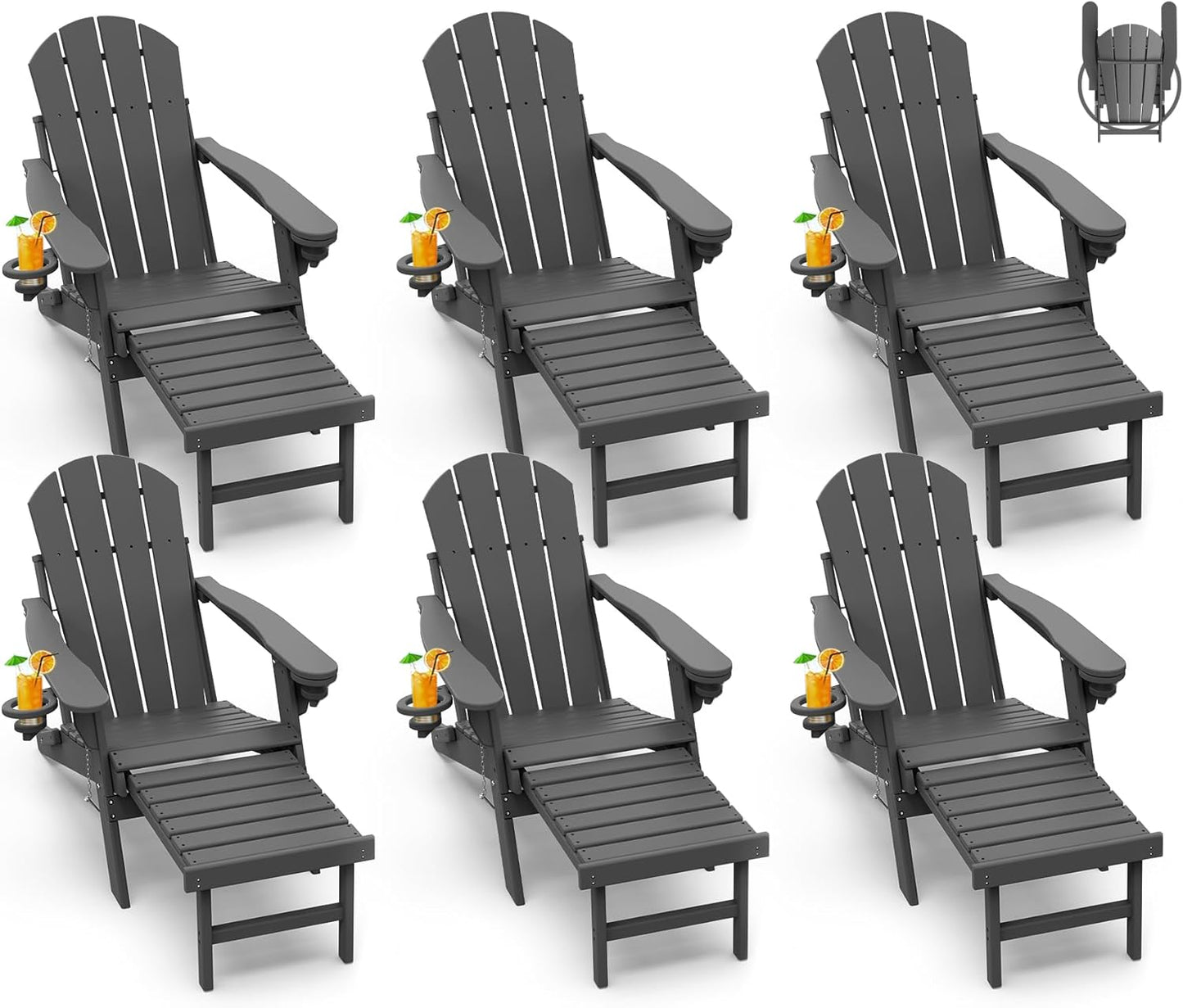 GREENVINES Adirondack-Chairs-with-Ottoman | Set of 2 | Folding | Retractable-Footrest | HDPE Plastic | All Weather Fire Pit Chair | Cup Holders | Blue | for Outdoor Poolside