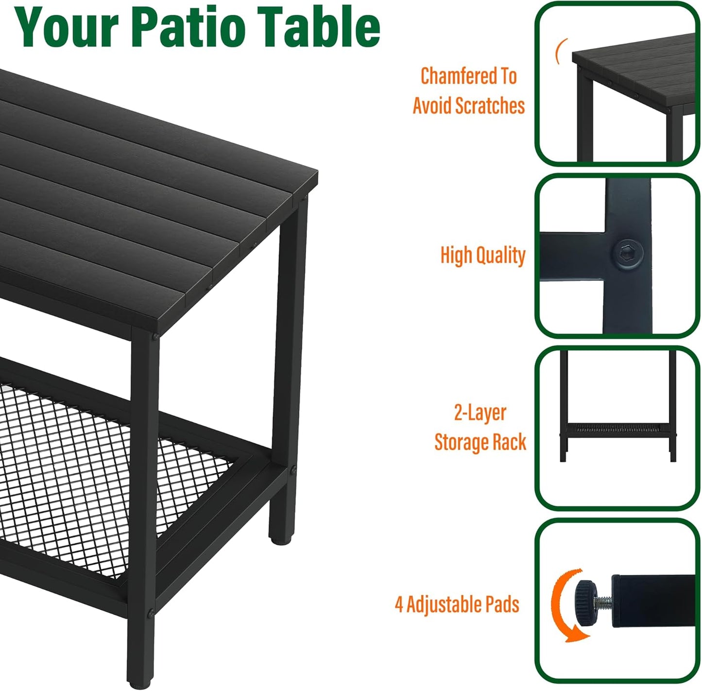 Rectangular Outdoor Side Table with Storage, 2-Tier Patio End Table Weather Resistant, Black Outdoor Accent Table, Small Porch Tables for Pool, Deck, Garden (Black 2PC)