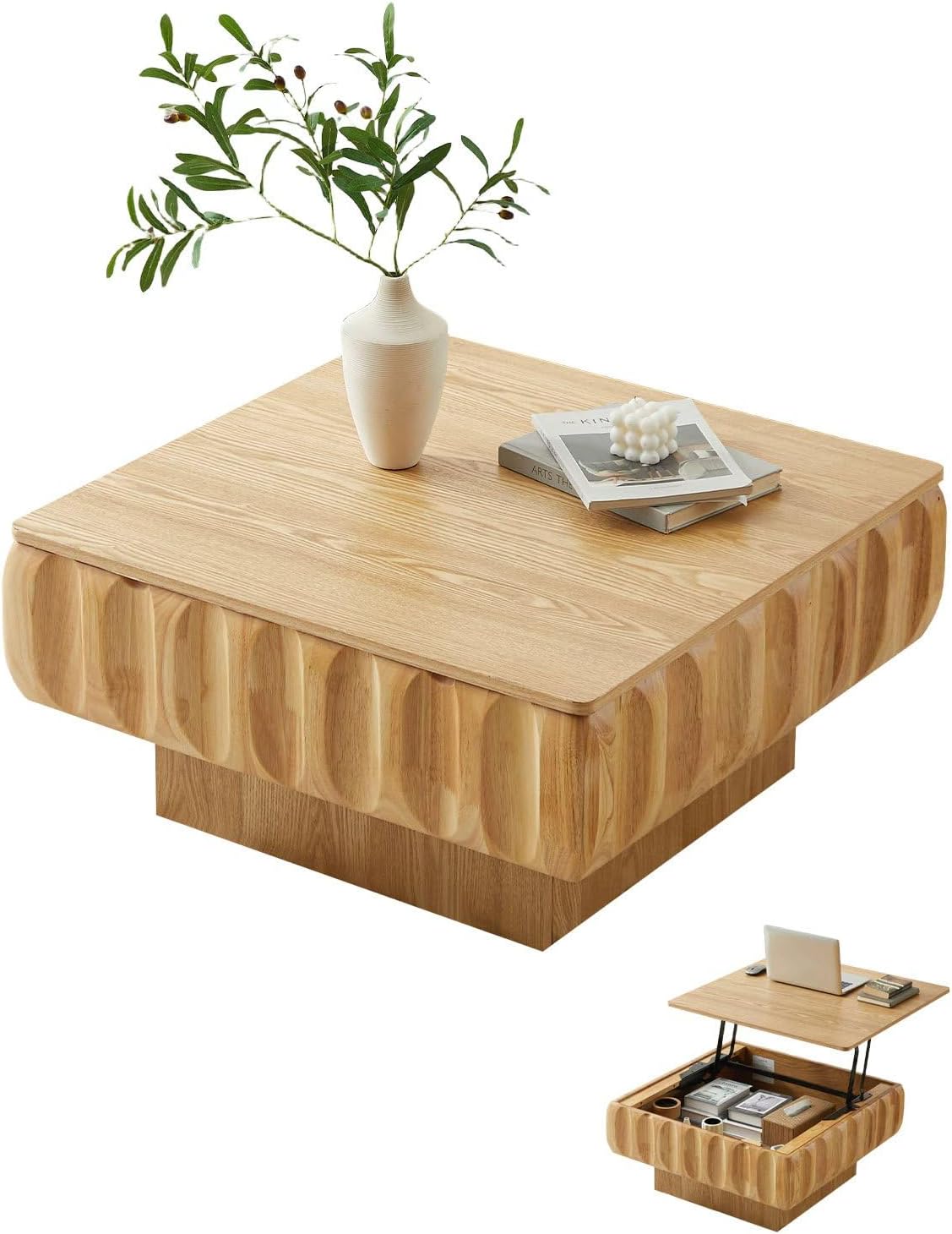 31.5" Drum Coffee Table Modern Unique Fluted Tea Table Contemporary Wood Round Coffee Table with Fluted Centry Table for Living Room Walnut
