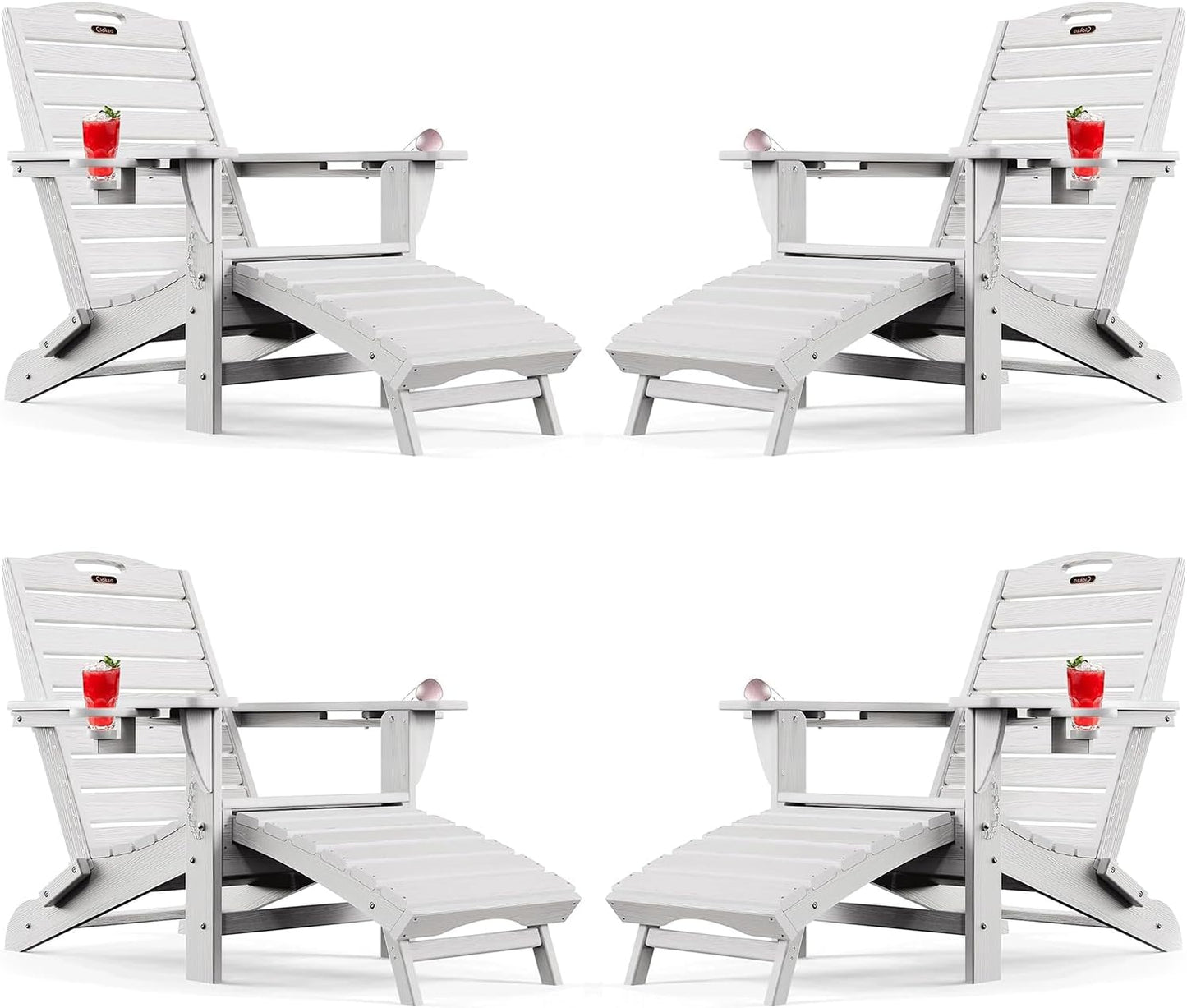 Ciokea Folding Adirondack Chair with Retractable Ottoman, Outdoor Fire Pit Chairs with Pull Out Foot Rest Weather Resistant Lawn Patio Chair with 2 Cup Holder (Gray)