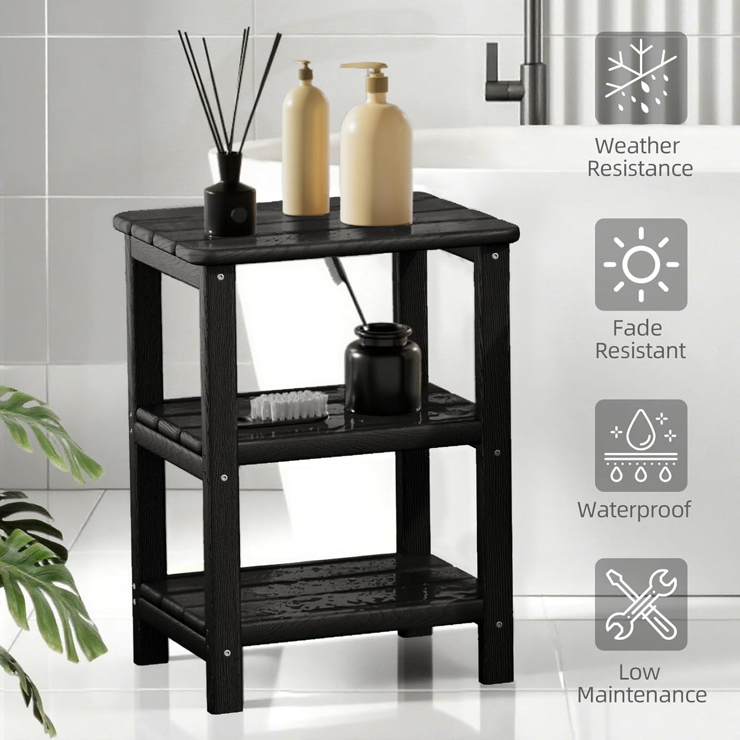3 Tier Outdoor Side Table Adirondack Side Table HDPE End Table Patio Side Table Rectangle Tables for Outdoor Backyard Garden Balcony (Retro, Black)