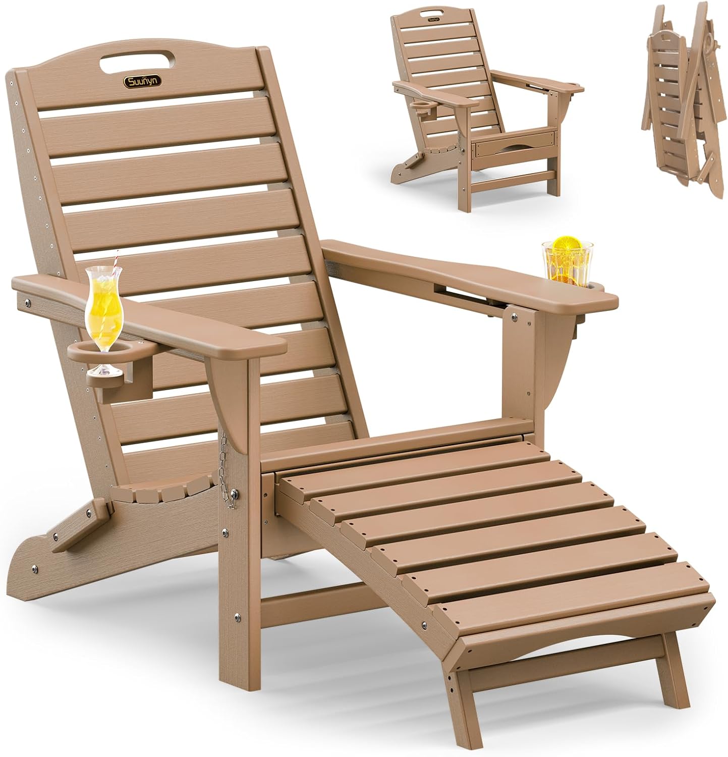 Folding Adirondack Chair with Retractable Ottoman Weather Resistant Fire Pit Chair Patio Chair with 2 Cup Holder Lawn Outdoor Lounge Chairs (Grey)