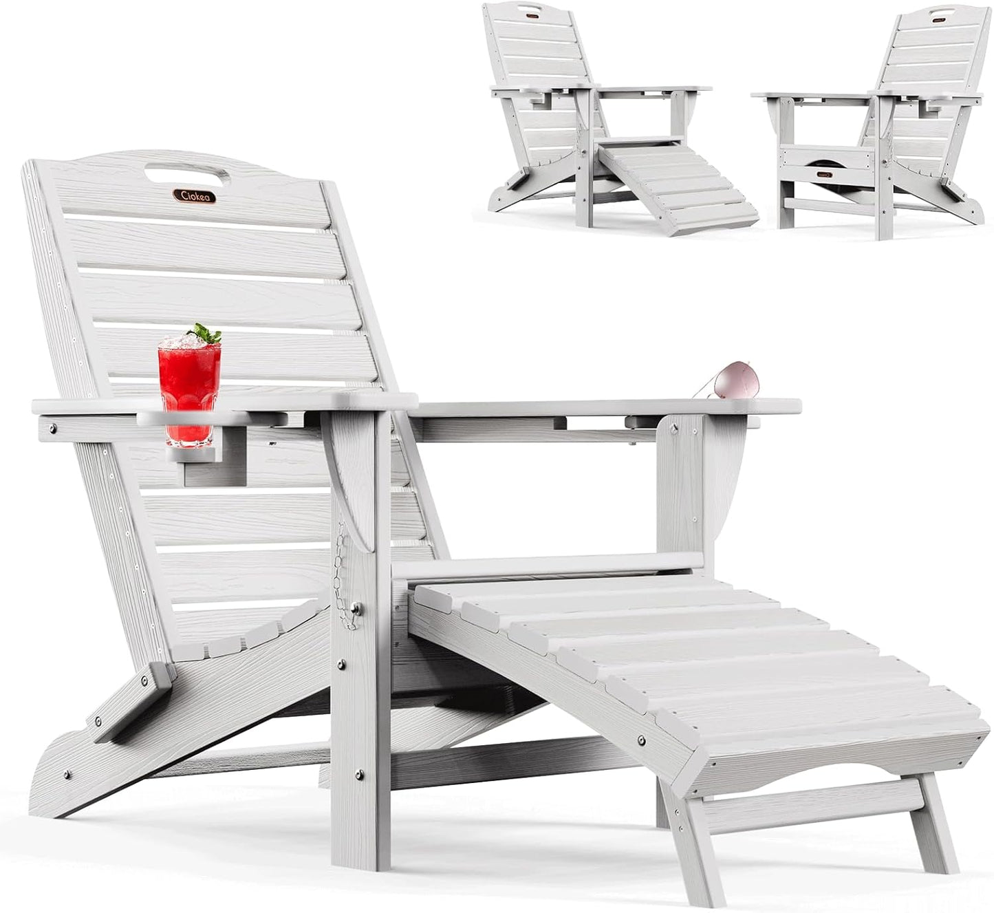 Ciokea Folding Adirondack Chair with Retractable Ottoman, Outdoor Fire Pit Chairs with Pull Out Foot Rest Weather Resistant Lawn Patio Chair with 2 Cup Holder (Gray)