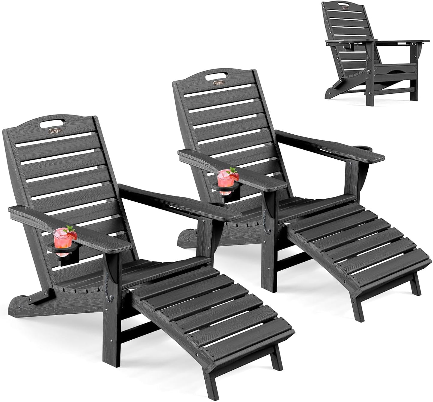 Ciokea Folding Adirondack Chair with Retractable Ottoman, Outdoor Fire Pit Chairs with Pull Out Foot Rest Weather Resistant Lawn Patio Chair with 2 Cup Holder (Gray)