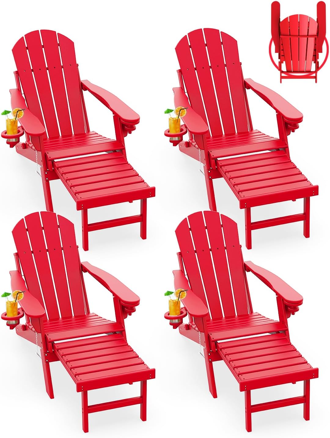 GREENVINES Adirondack-Chairs-with-Ottoman | Set of 2 | Folding | Retractable-Footrest | HDPE Plastic | All Weather Fire Pit Chair | Cup Holders | Blue | for Outdoor Poolside