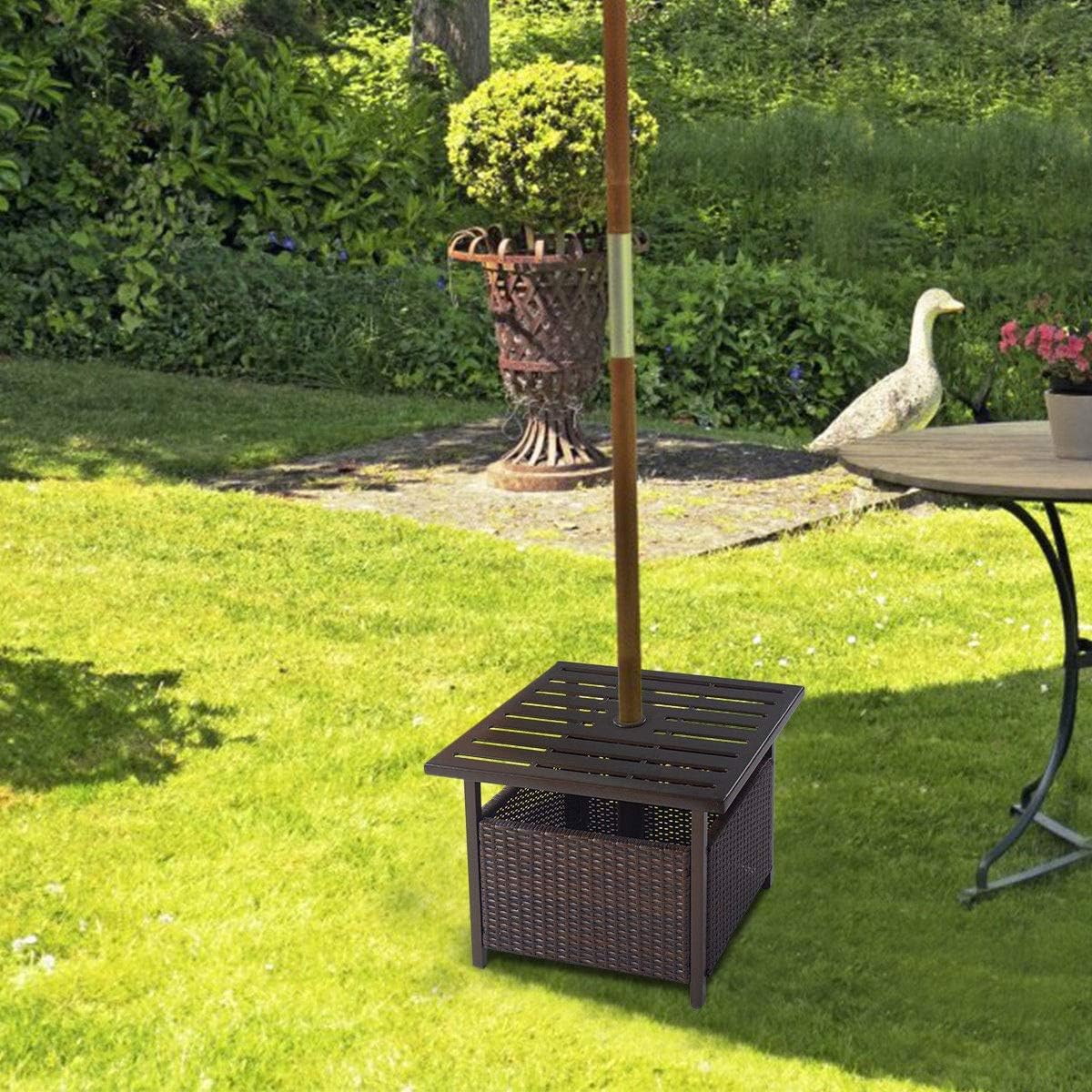 SPSUPE Brown Patio Rattan Umbrella Side Table, Steel Outdoor Furniture with Umbrella Hole, Deck Garden Pool Umbrella Side Table