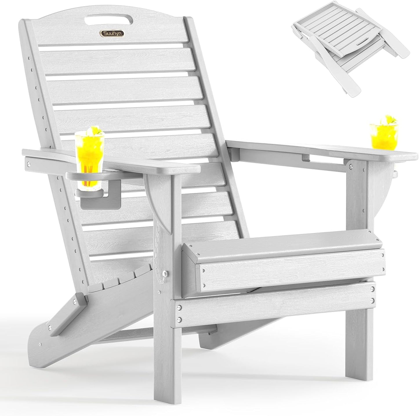 Adirondack Chair Folding HDPE Adirondack Chairs with Cup Holder, Outdoor Fire Pit Chairs All-Weather Lawn Chair for Deck Patio Garden (Grey)