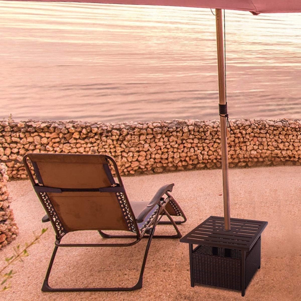 SPSUPE Brown Patio Rattan Umbrella Side Table, Steel Outdoor Furniture with Umbrella Hole, Deck Garden Pool Umbrella Side Table
