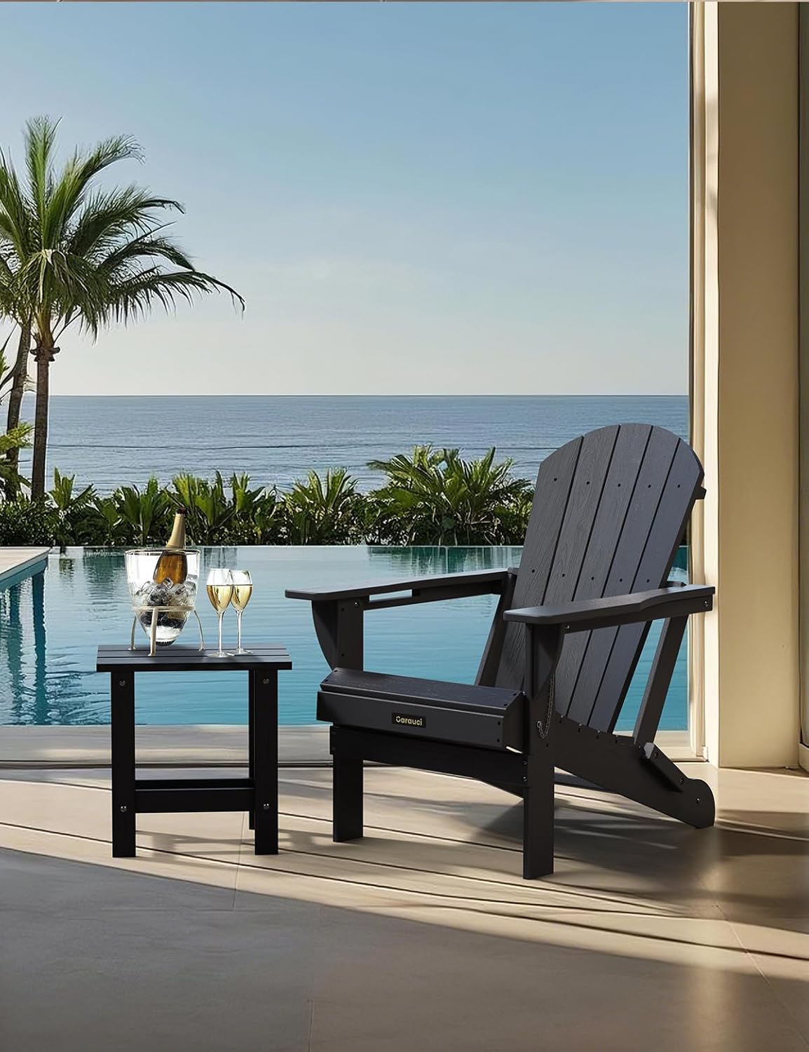 Plastic HDPE Adirondack Chair, Folding Adirondack Chair Weather Resistant with Cup Holder, Wooden Textured Fire Pit Outdoor Chair for Garden, Porch, Lawn, Backyard, Supports 380LBS, Black