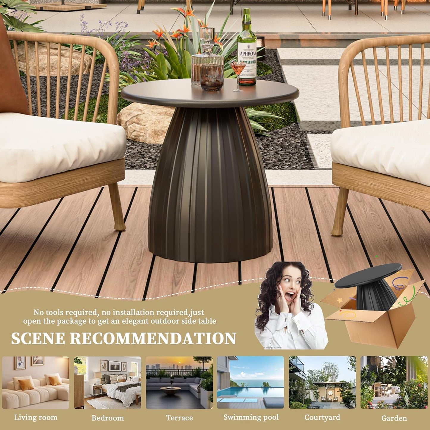 Round Metal Patio Outdoor Side Table, Steel Outdoor Accent Table, Black Small End Table Patio Furniture, for Garden, Pool, Yard, Balcony, Living Room, Deck, Weather Resistant, No Assembly