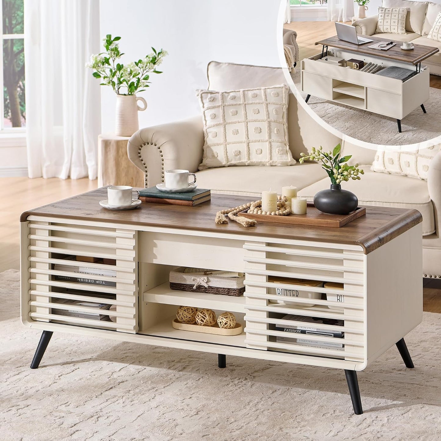 RedLemon 48" Lift top Coffee Table, mid Century Modern Coffee Table with Slatted Sliding Door, Hidden Storage Compartment, 4 Storage Shelves, Center Table for Living Room, Office, Natural Oak