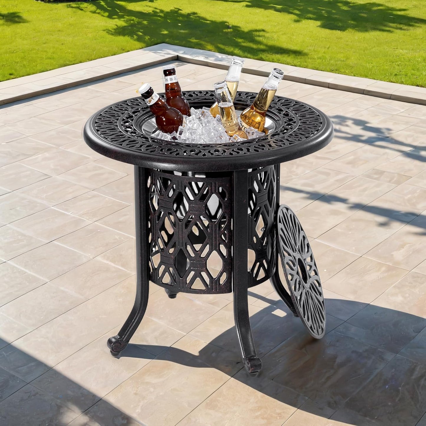 21" Outdoor Patio Round Side Table with 304 Stainless Steel Bucket, Cast Aluminum Outdoor Bistro Table with Umbrella Hole for Poolside, Deck, Backyard, Balcony