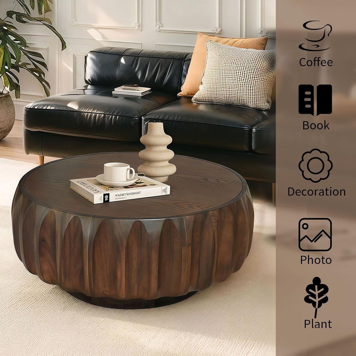 31.5" Drum Coffee Table Modern Unique Fluted Tea Table Contemporary Wood Round Coffee Table with Fluted Centry Table for Living Room Walnut