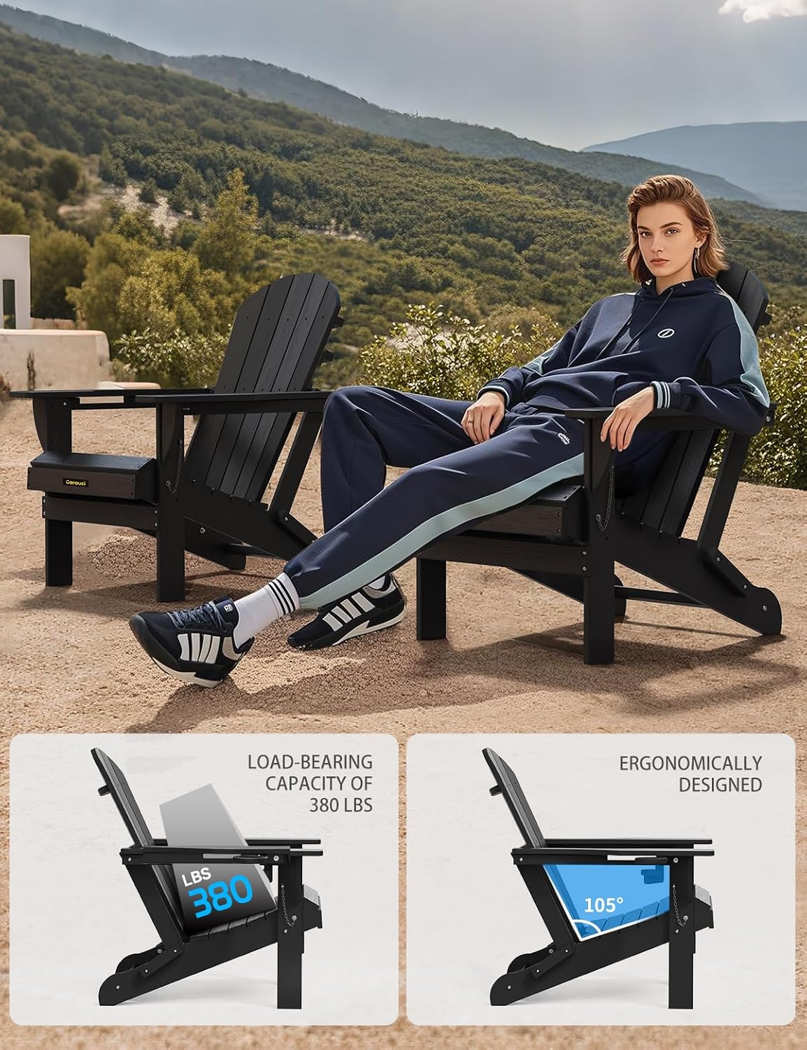 Plastic HDPE Adirondack Chair, Folding Adirondack Chair Weather Resistant with Cup Holder, Wooden Textured Fire Pit Outdoor Chair for Garden, Porch, Lawn, Backyard, Supports 380LBS, Black