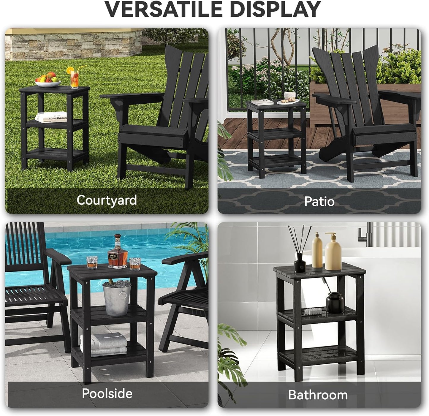 3 Tier Outdoor Side Table Adirondack Side Table HDPE End Table Patio Side Table Rectangle Tables for Outdoor Backyard Garden Balcony (Retro, Black)