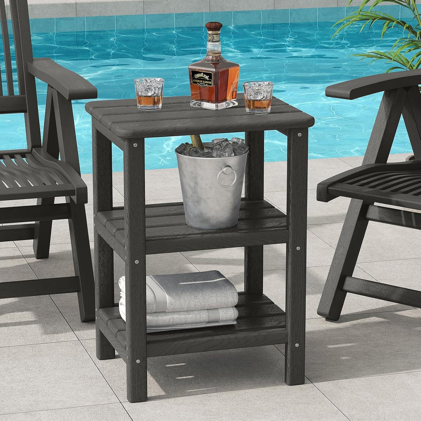 3 Tier Outdoor Side Table Adirondack Side Table HDPE End Table Patio Side Table Rectangle Tables for Outdoor Backyard Garden Balcony (Retro, Black)