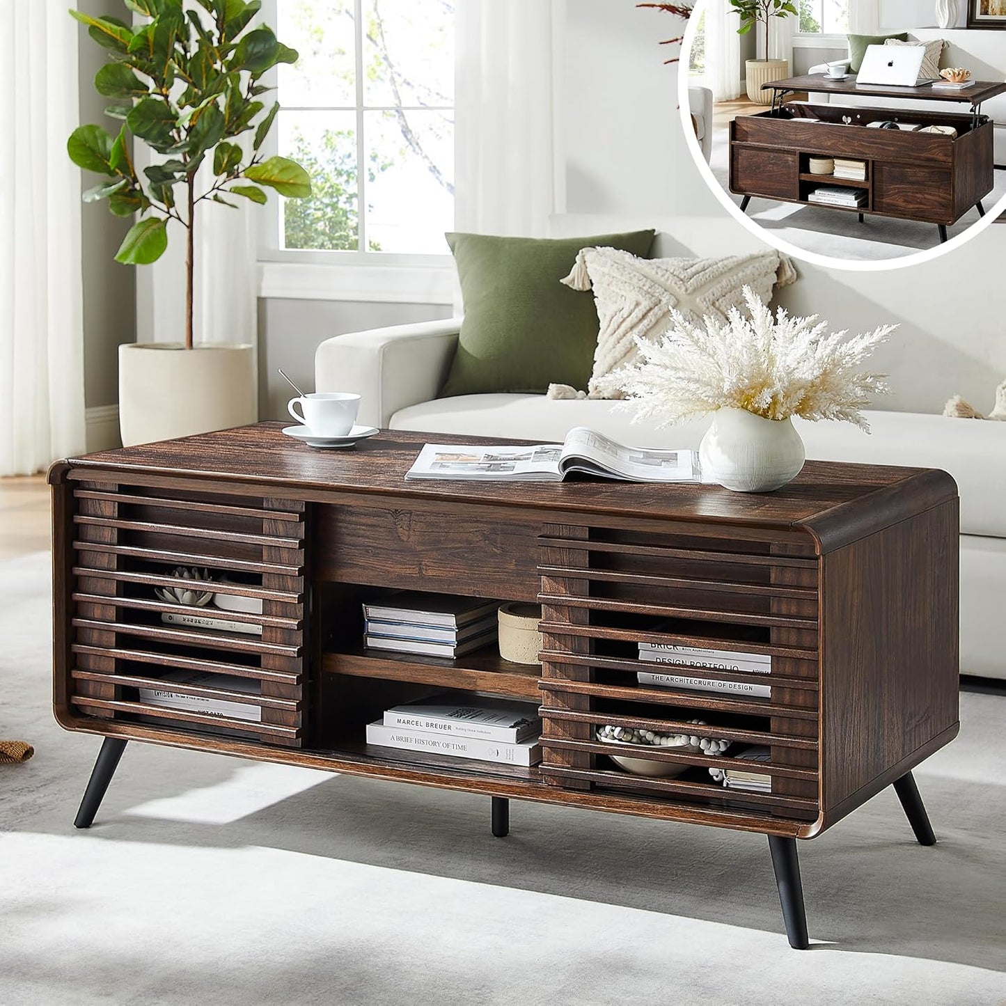 RedLemon 48" Lift top Coffee Table, mid Century Modern Coffee Table with Slatted Sliding Door, Hidden Storage Compartment, 4 Storage Shelves, Center Table for Living Room, Office, Natural Oak