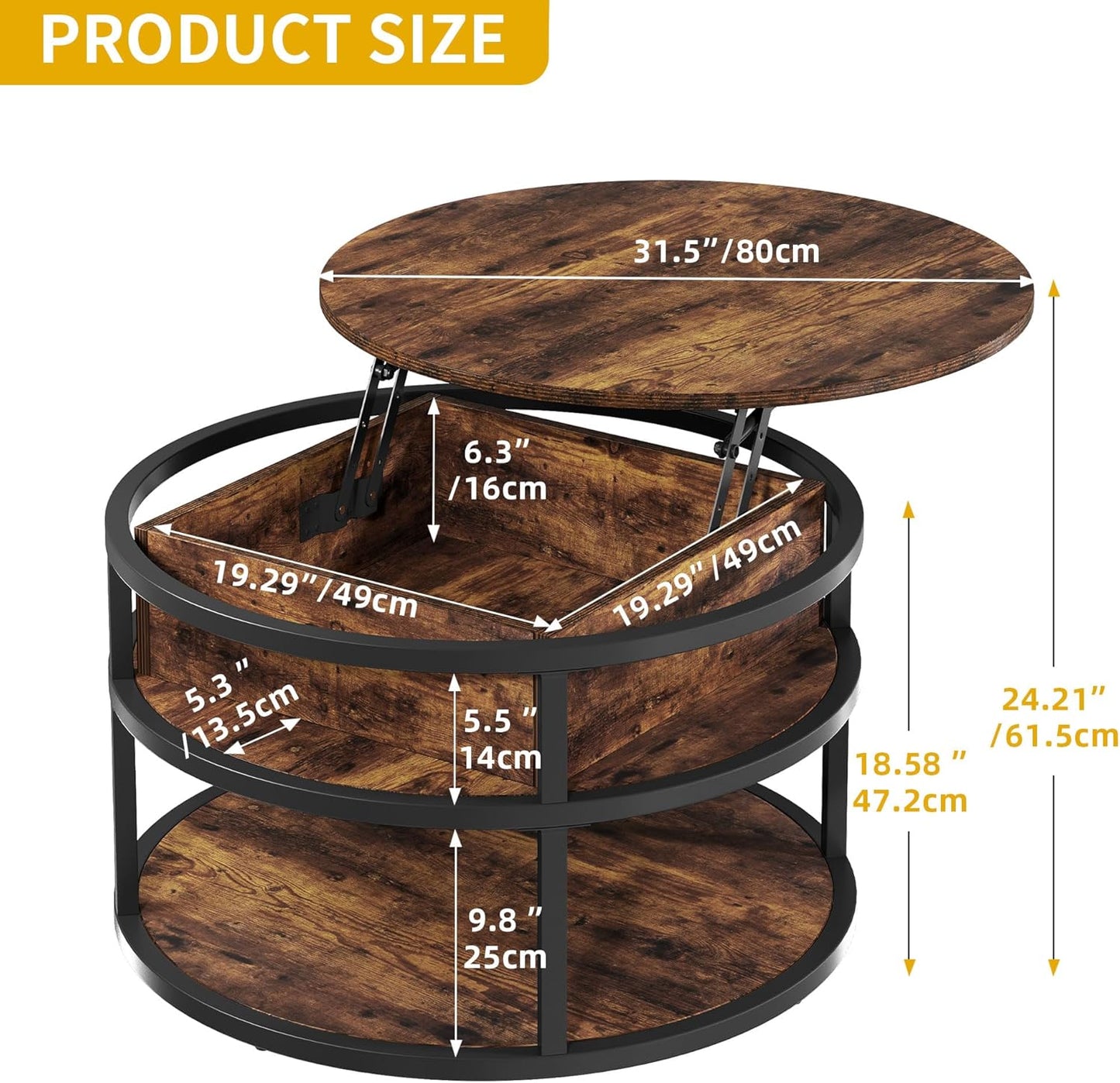 DWVO Round Lift Top Coffee Tables for Living Room, Circle Coffee Table with Storage & Hidden Compartment, Farmhouse Wood Coffee Tables with Lifting up Living Room for Home Office Samll Table, Brown