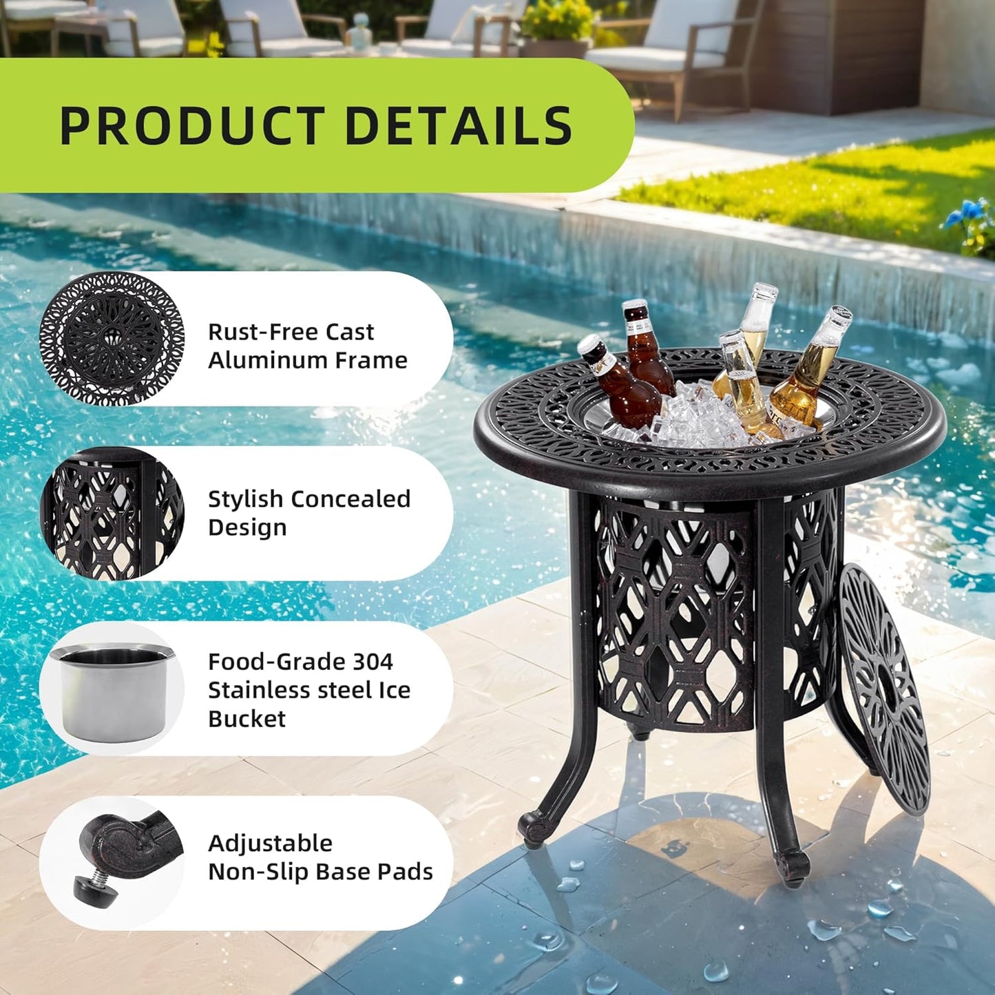 21" Outdoor Patio Round Side Table with 304 Stainless Steel Bucket, Cast Aluminum Outdoor Bistro Table with Umbrella Hole for Poolside, Deck, Backyard, Balcony