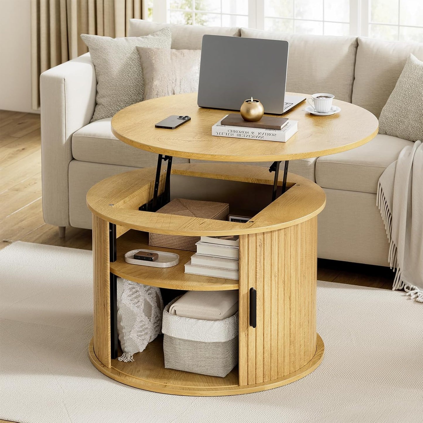FABATO Round Lift Top Coffee Table, Fluted Wood Accent Coffee Table with Hidden Storage and Open Shelves, Drum Table with Sliding Rolling Door, Small Center Table Dining Table for Living Room, Walnut