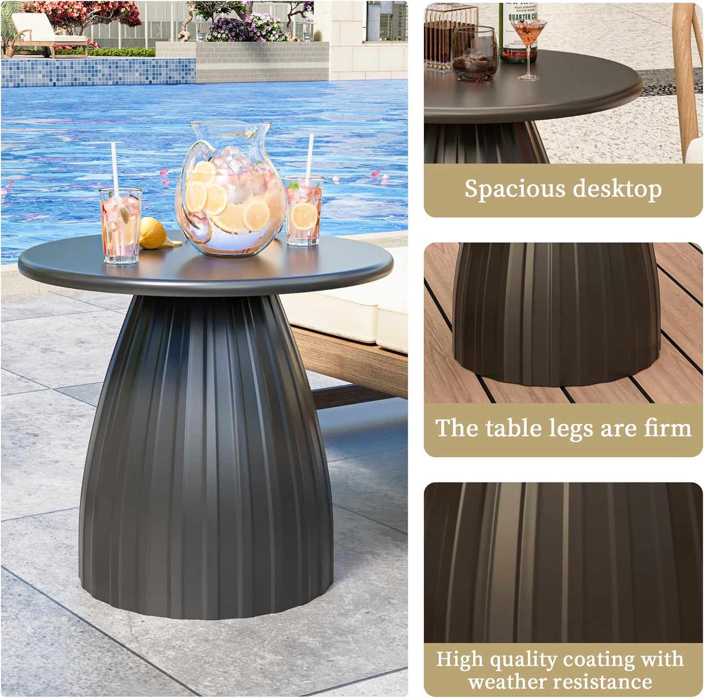 Round Metal Patio Outdoor Side Table, Steel Outdoor Accent Table, Black Small End Table Patio Furniture, for Garden, Pool, Yard, Balcony, Living Room, Deck, Weather Resistant, No Assembly