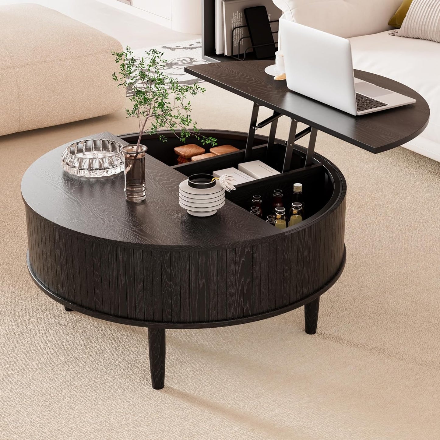 Round Fluted Lift Top Coffee Table with Storage, Mid Century Modern Coffee Table for Living Room, Home Small Space,31.5" Fluted Center Table (Walnut, 31.5inch)