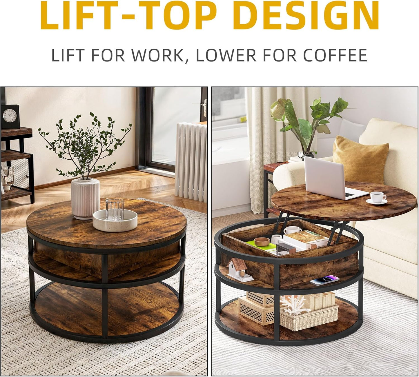 DWVO Round Lift Top Coffee Tables for Living Room, Circle Coffee Table with Storage & Hidden Compartment, Farmhouse Wood Coffee Tables with Lifting up Living Room for Home Office Samll Table, Brown