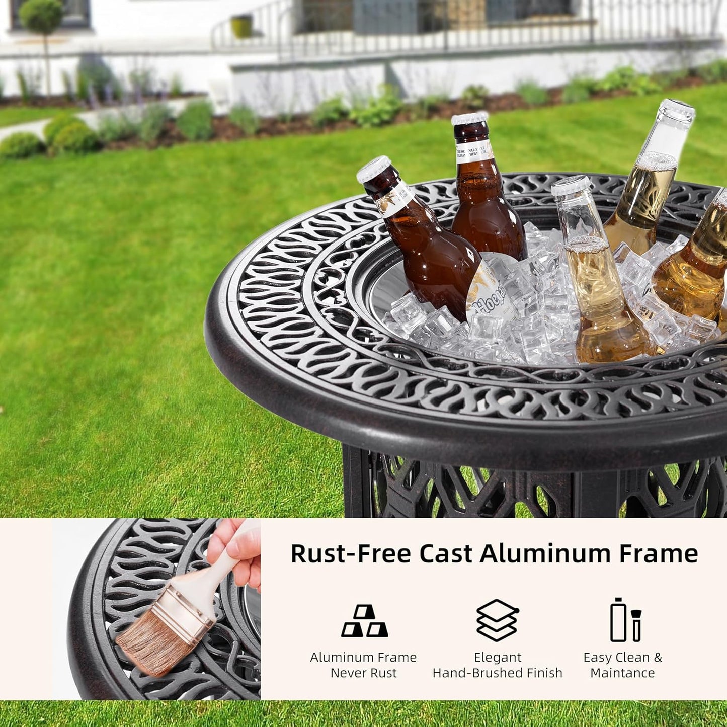 21" Outdoor Patio Round Side Table with 304 Stainless Steel Bucket, Cast Aluminum Outdoor Bistro Table with Umbrella Hole for Poolside, Deck, Backyard, Balcony