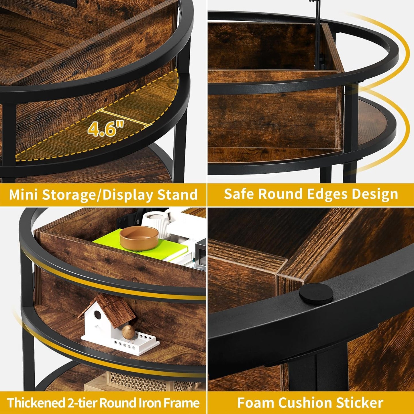 DWVO Round Lift Top Coffee Tables for Living Room, Circle Coffee Table with Storage & Hidden Compartment, Farmhouse Wood Coffee Tables with Lifting up Living Room for Home Office Samll Table, Brown